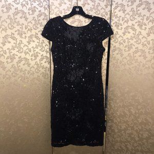 Calvin Klein Black Roses Floral Embroidered Sequin Draped Back Dress Size 8